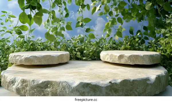 Natural Stone Product Display with Lush Greenery