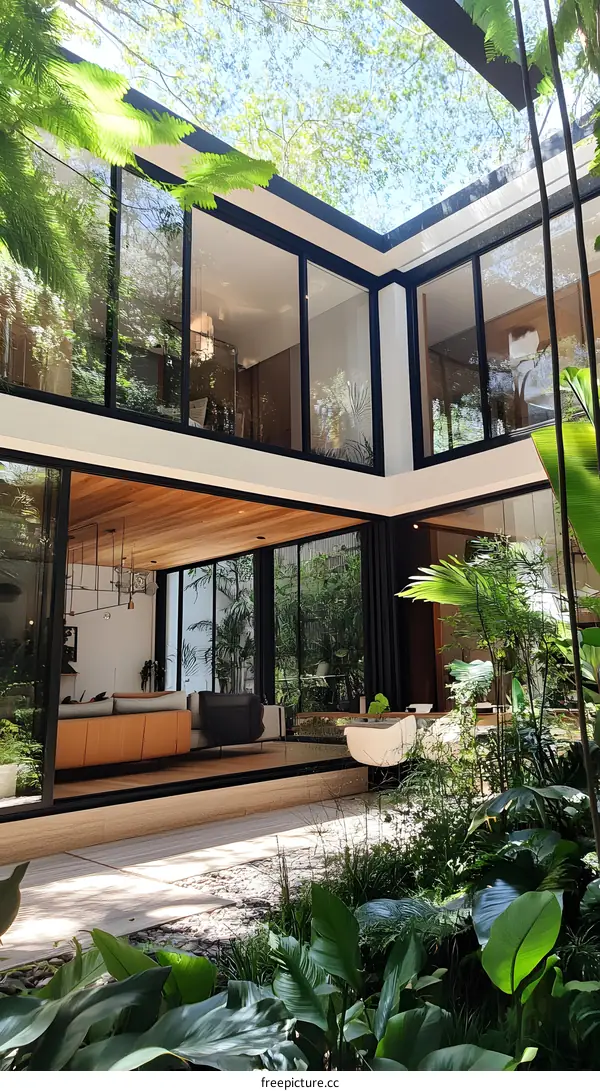 Modern Home with Glass Walls and Lush Greenery