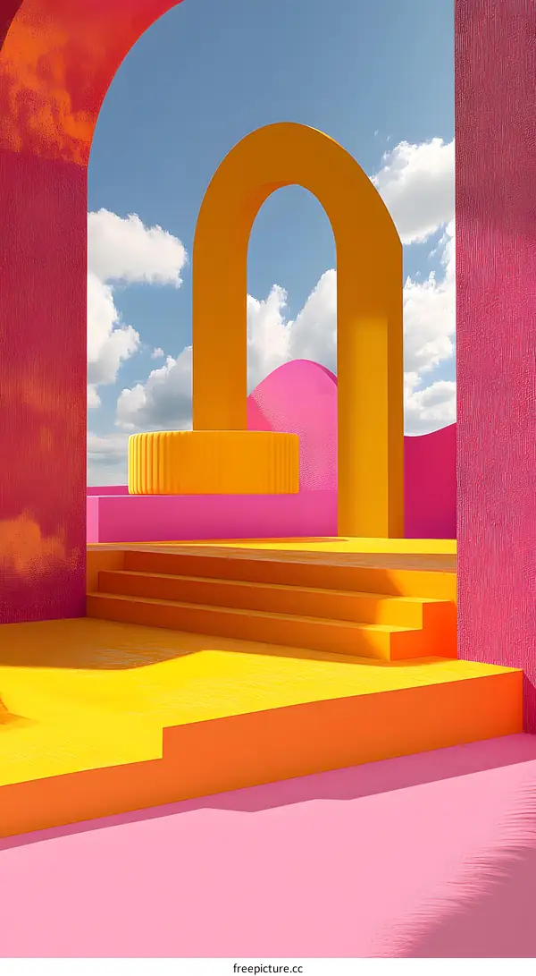 Abstract Yellow Pink Arch Staircase 3D Rendering