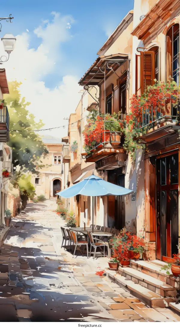 Watercolor Painting of an Italian Street Scene