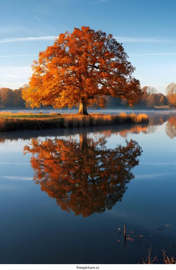 Reflection of Autumn Tree in Calm Water
