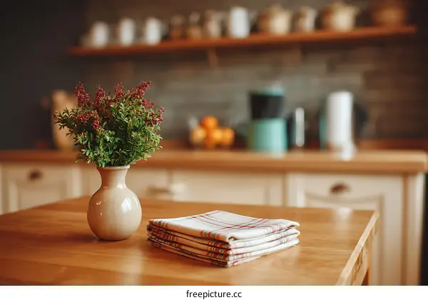 Cozy Kitchen Interior with Flowers and Napkins