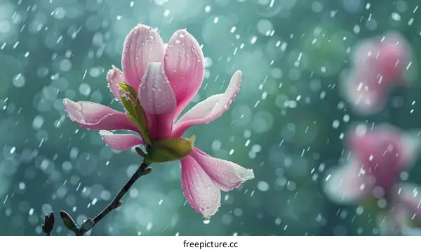 Pink Magnolia Blossom with Raindrops