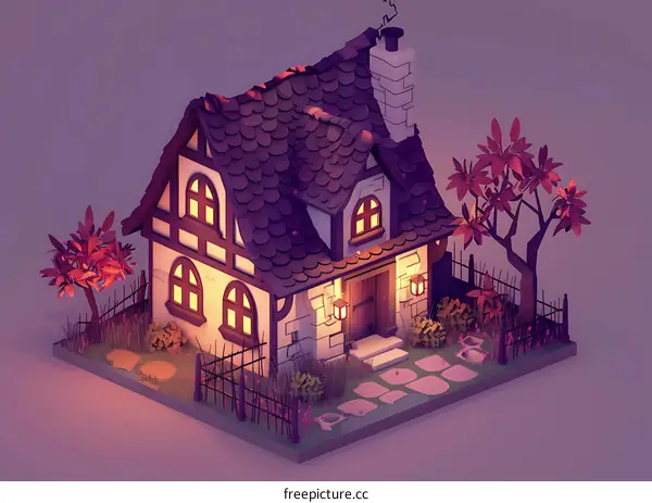 Low Poly Cottage House Illustration with Trees and Fence