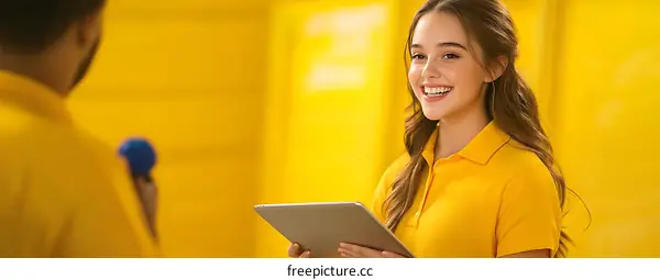 Smiling Woman Holding Tablet in Yellow Room