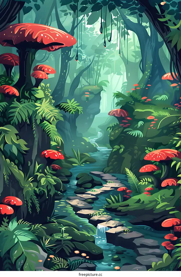 Red Mushroom Forest Stream Landscape Illustration