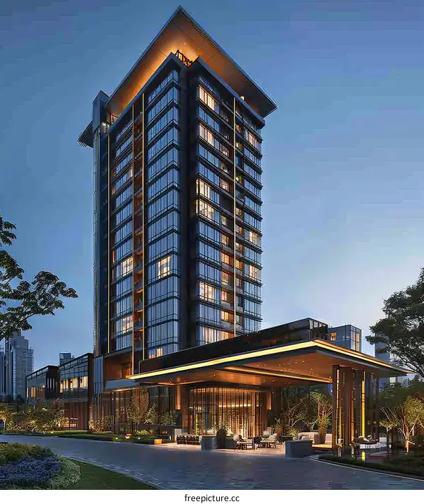 Modern Skyscraper Architectural Exterior at Dusk