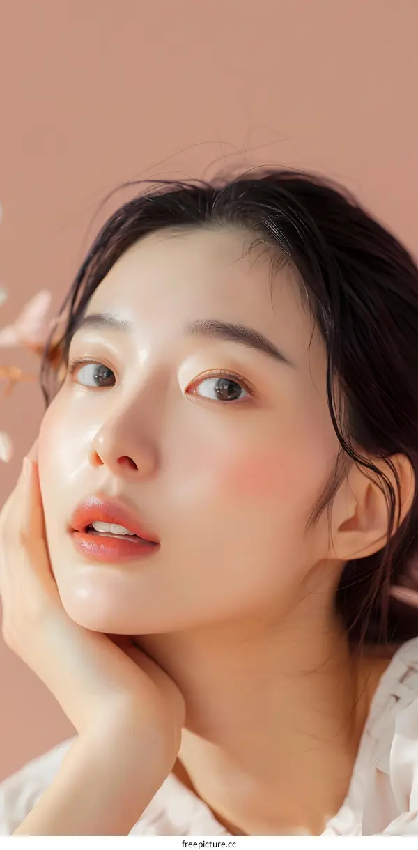 Close Up Portrait of Young Asian Woman with Soft Skin and Bright Eyes