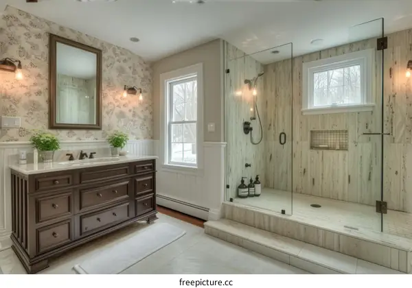 Bathroom with a large shower and a dark vanity