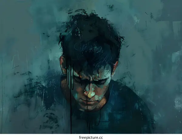 A portrait of a man with dark hair and blue eyes. He is looking down with a sad expression on his face.