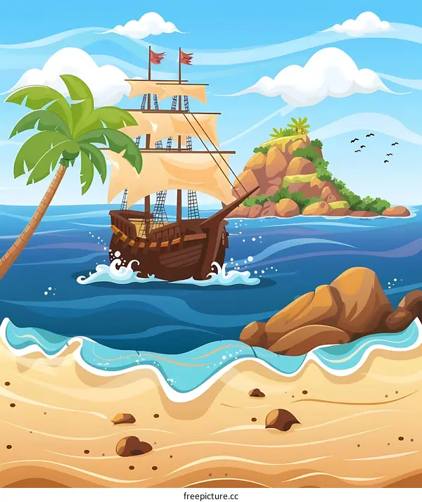 Sailing Ship On A Tropical Island