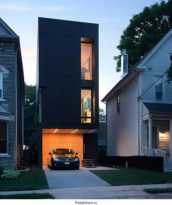 Modern House with Black Siding and Wood Garage Door