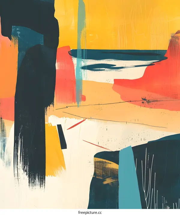 Abstract Landscape Painting with Yellow, Blue, and Red Colors