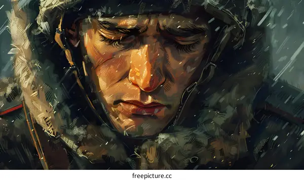 Portrait of a soldier in a fur hat and a scarf