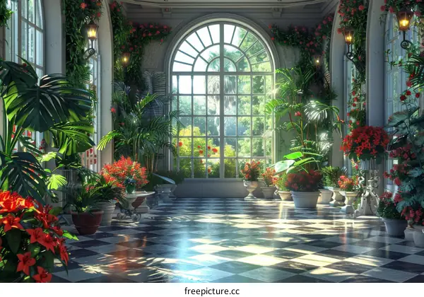 European Style Sunlit Atrium with Tropical Plants and Flowers