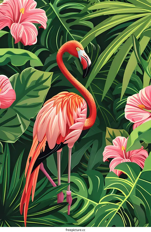 Pink Flamingo Tropical Jungle Illustration