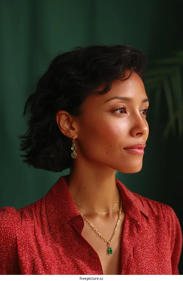 Woman in Red Blouse with Emerald Jewelry