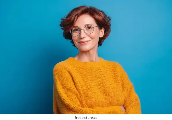 Smiling Woman in a Mustard Yellow Sweater Against a Vibrant Blue Background