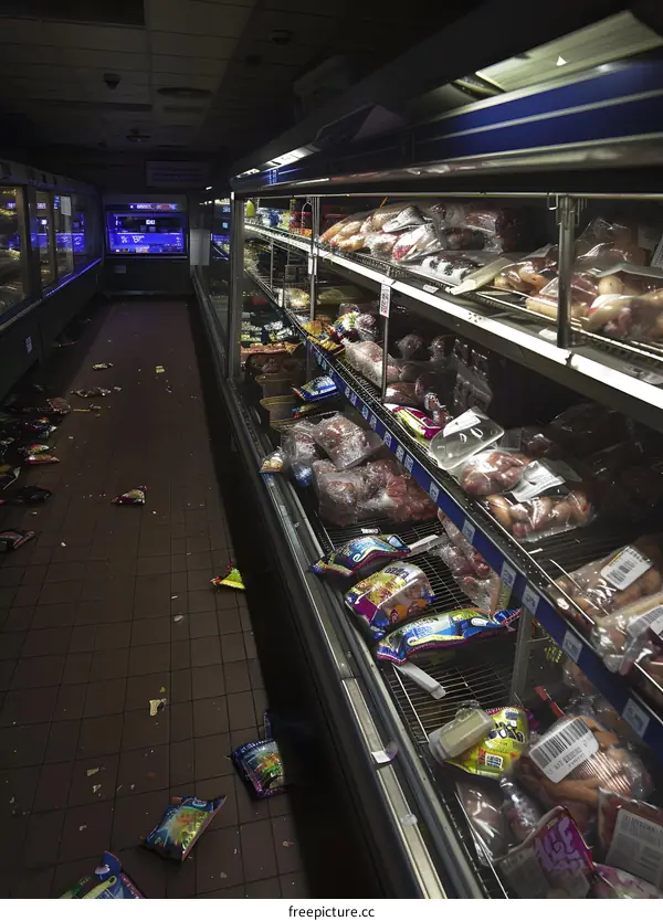 Empty Supermarket Aisle With Meat And Snacks Scattered On The Floor