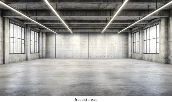 Empty Concrete Room with Windows and Lights