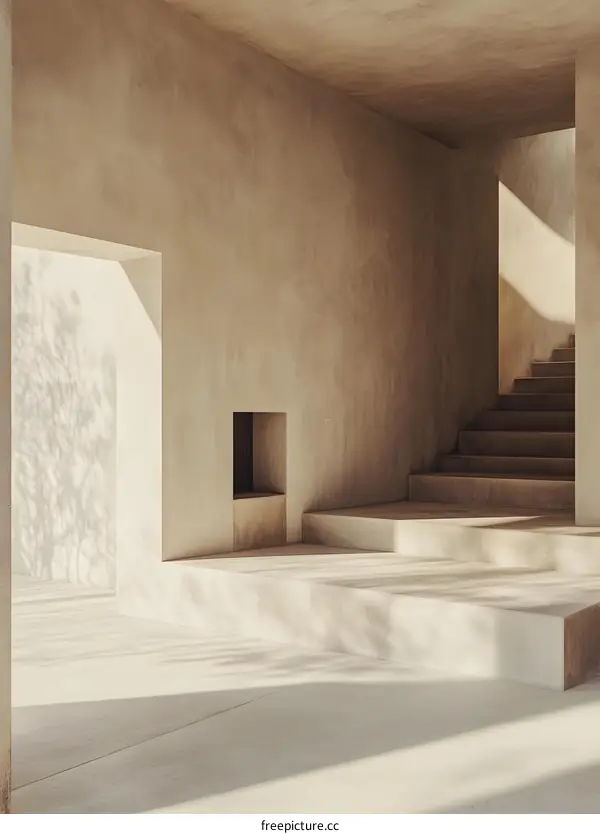 Minimalist Concrete Staircase with Shadow Patterns in Modern Architecture