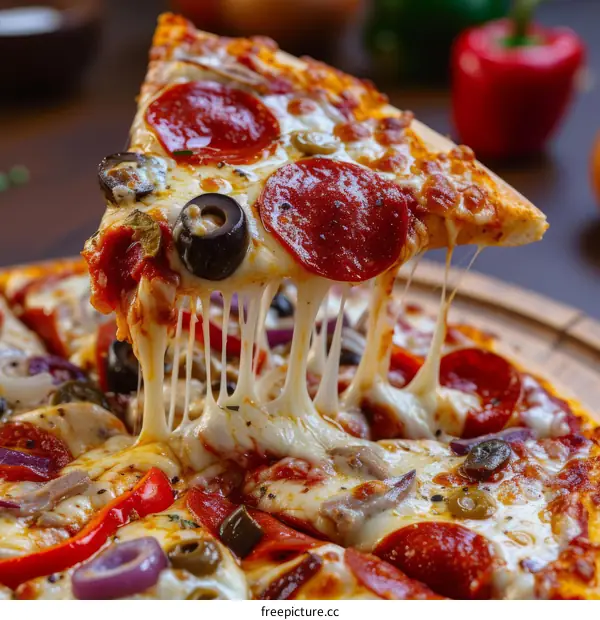 Close-up of a slice of pizza with melted cheese