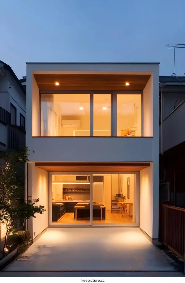 Modern Two Story House with Patio at Dusk
