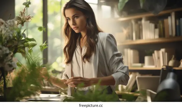 Elegant Woman Working on Interior Design Project in Sunlit Home Office