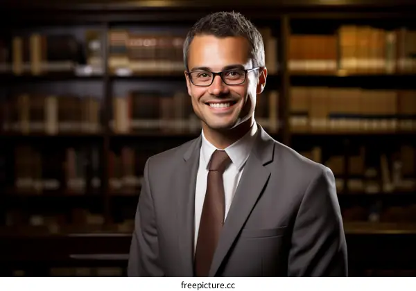Young male professional in suit and tie smiling in front of a bookshelf