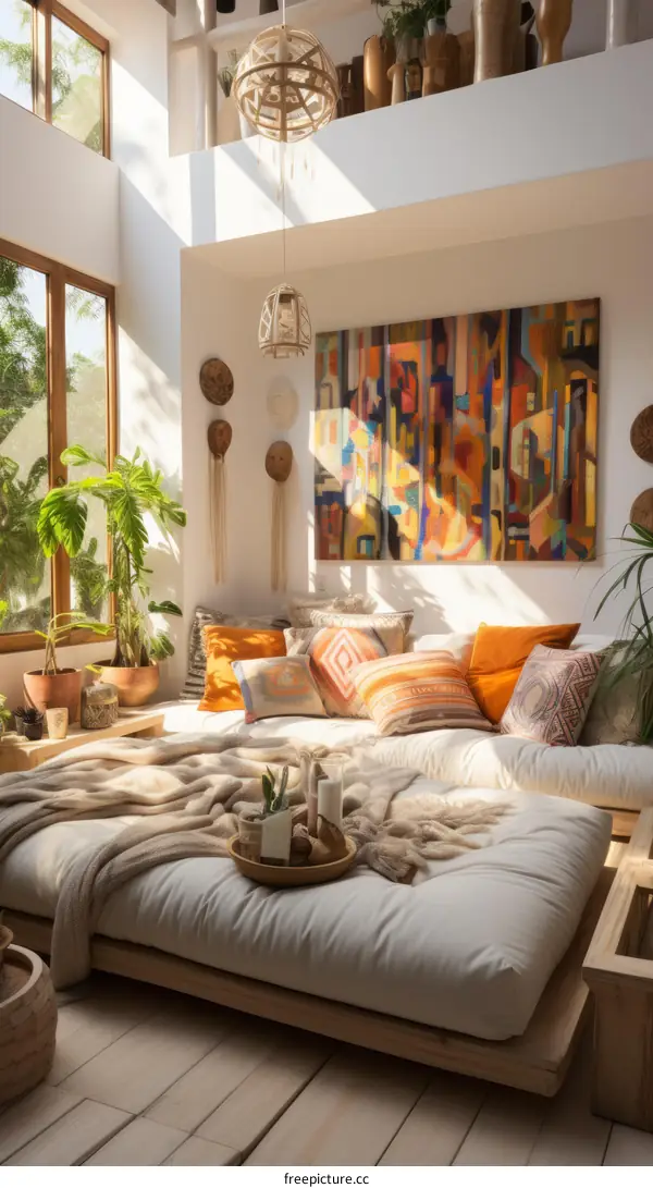 A Colorful Living Room with a Large Painting on the Wall