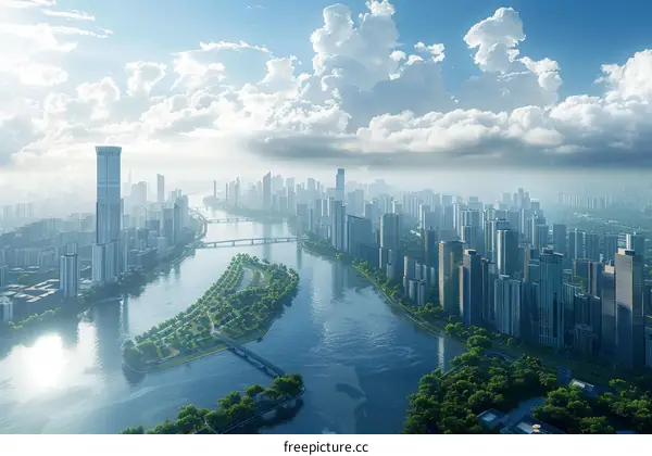 Aerial View of Modern Cityscape with River and Islands