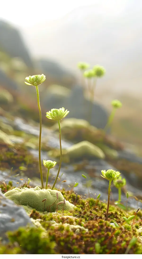 Green Flowers Blooming in Mossy Ground