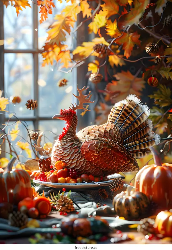 Thanksgiving turkey with pumpkins and fall leaves
