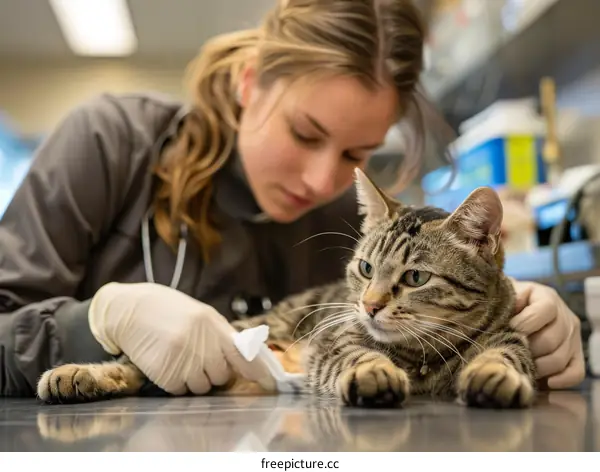 Young Caucasian Female Veterinarian Examining Tabby Cat