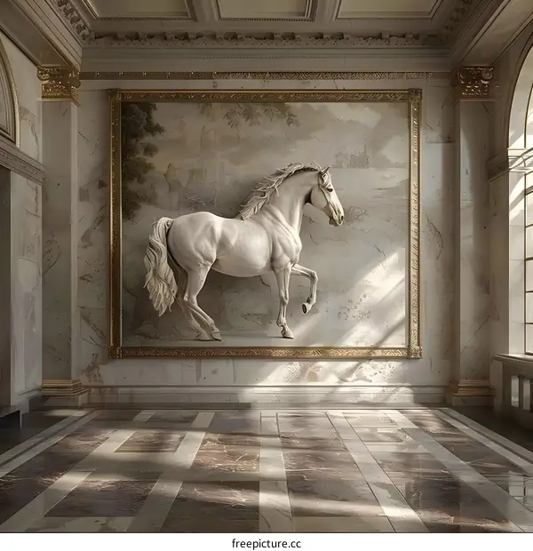 3D rendering of a white horse statue in a grand hall