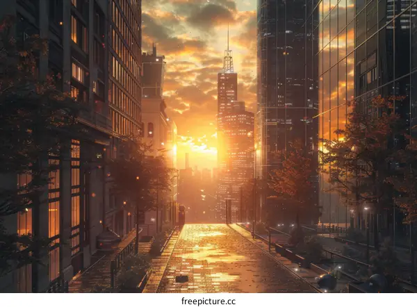 Sunset City Street Scene Illustration
