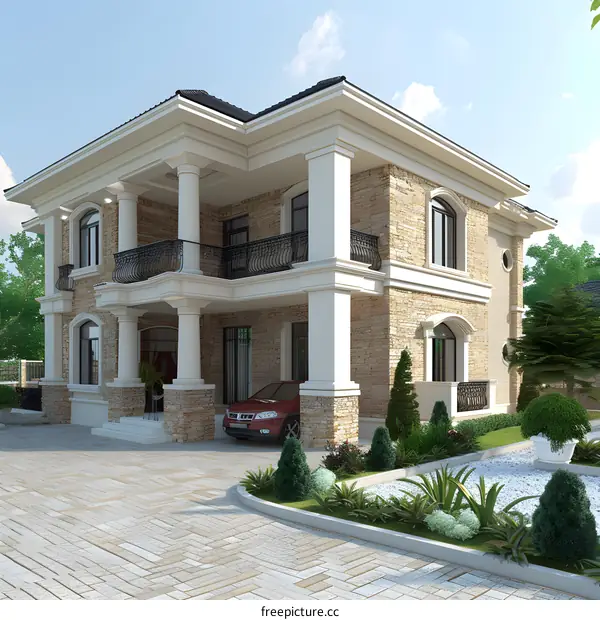 European style two-story house with brick exterior and large windows