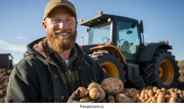A farmer proudly holding a bountiful harvest of potatoes