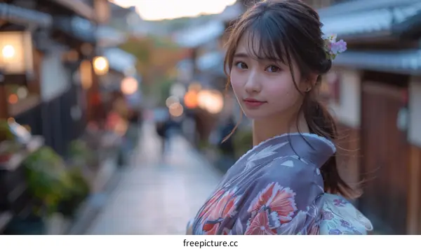Asian Woman in Kimono in a Japanese Town