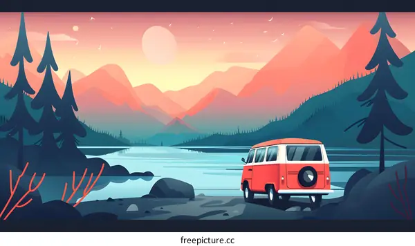 Van Life Mountain Adventure Travel Landscape Illustration