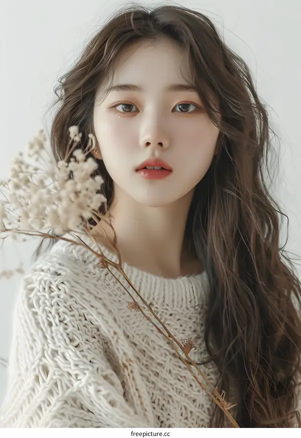 Portrait of a Young Woman with Long Brown Hair Holding a Branch of Flowers