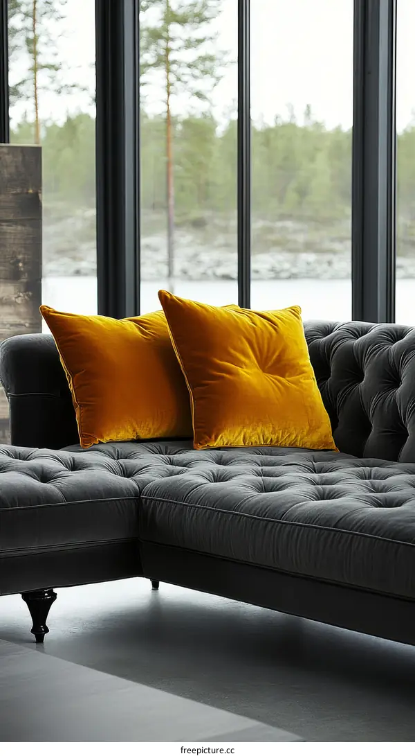 Modern Gray Sectional Sofa with Mustard Yellow Pillows by Large Windows