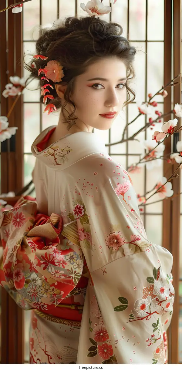 A woman wearing a kimono stands in front of a traditional Japanese house.