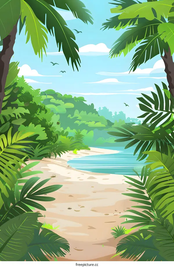 Tropical Beach with Lush Green Palm Trees and Clear Blue Water