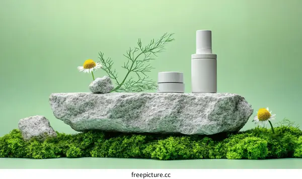 Natural Cosmetic Products Display on a Rock