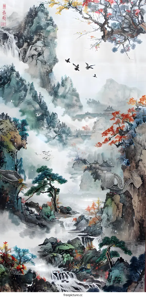 Waterfall and Mountain Scenery Traditional Chinese Painting