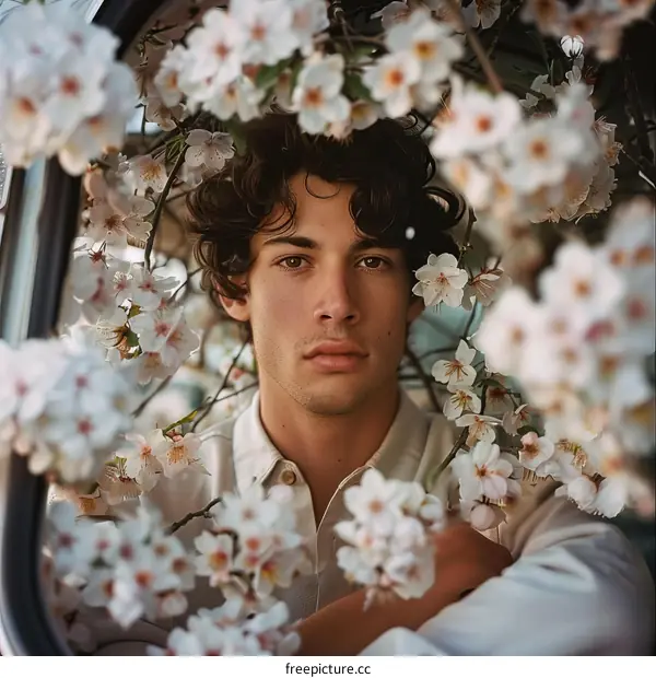 A young man standing in a field of flowers
