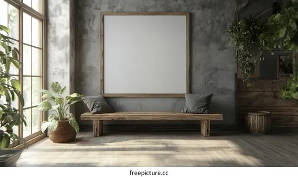 Empty Frame Interior Design Mockup with Wooden Bench