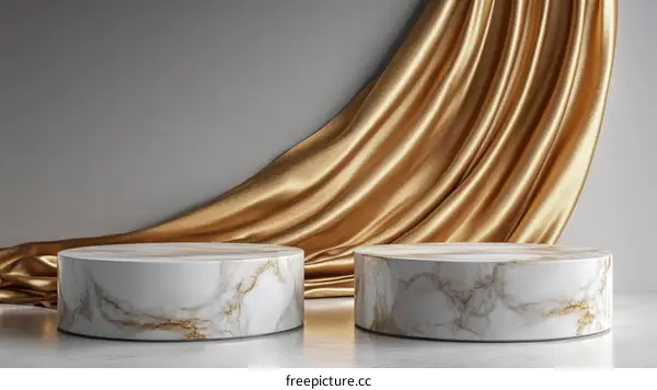 Elegant Marble Display Podium with Golden Drape