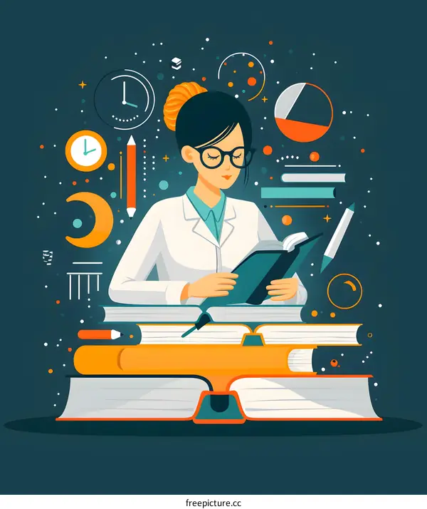 Woman Reading a Book with Educational Symbols